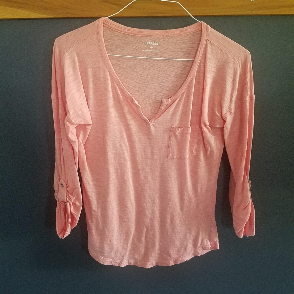 Express | Peach Pocket Long Sleeve V Neck Tee